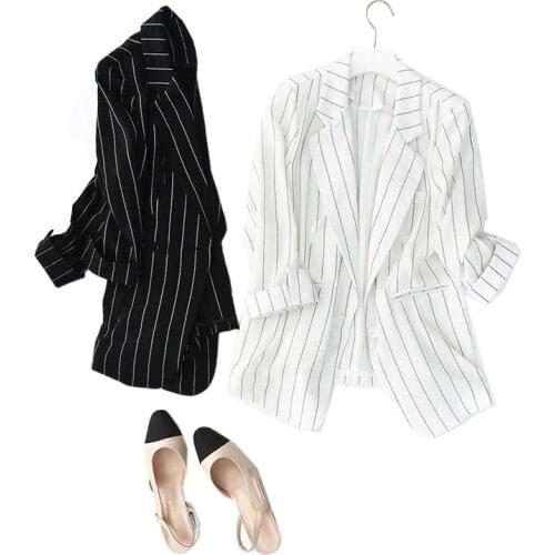 Fashion New Women Black stripe Thin Blazers Jackets Autumn Slim Business Women Suits Cotton linen Casual Blazers Female Jacket