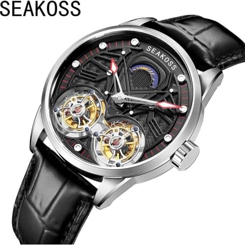 SEAKOSS Super Mens Real Dual Tourbillon Watches 2021 Limited Edition Luminous Hands Manual Winding Pilots Men Mechanical Watch