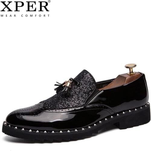 XPER Fashion Wedding Dress Shoes Men Formal Brogue Shoes For Male Artificial Leather Handmade Brand Oxford Footwear Black#XP047