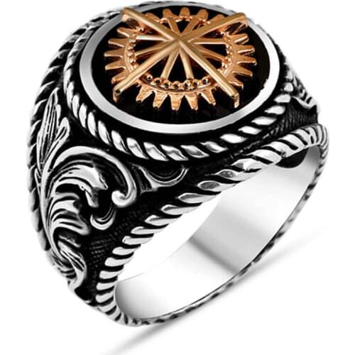 Men Handmade Silver Ring With Compass Motif, Made in Turkey, Solid 925 Sterling Silver