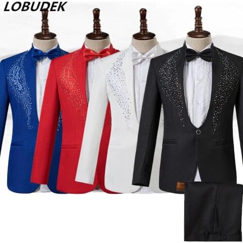 Two Pieces Set Mens Rhinestones Suits Embroidery Crystals Blazers Singer Performance Stage Outfits Fashion Slim Wedding Suit
