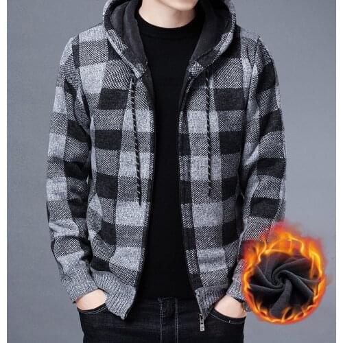 2021 Autumn Korean Hooded Mens Sweater with Thick and Velvet Mens Cardigan Knitted Sweater Coat Grid Jacket Male M-3XL 8668