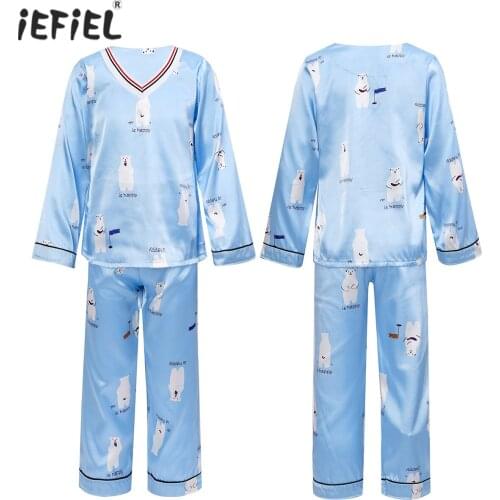 Autumn Winter Kids Sleepwear Suit Faux Satin Pajamas Girls Long Sleeve V Neck Cute Cartoon Bear Print Tops Pants Casual Homewear