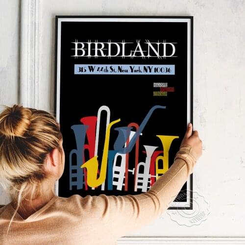 Birdland Jazz Poster, Abstract Color Instrument Wall Picture, Nordic Style Black Background Art Prints, Vintage Art Wall Decor
