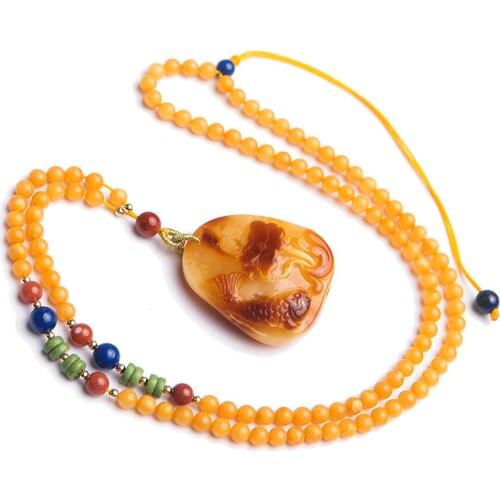 Genuine 4mm Yellow Natural Amber Pendant Women Men Round Bead Crystal Long Pendant Necklace
