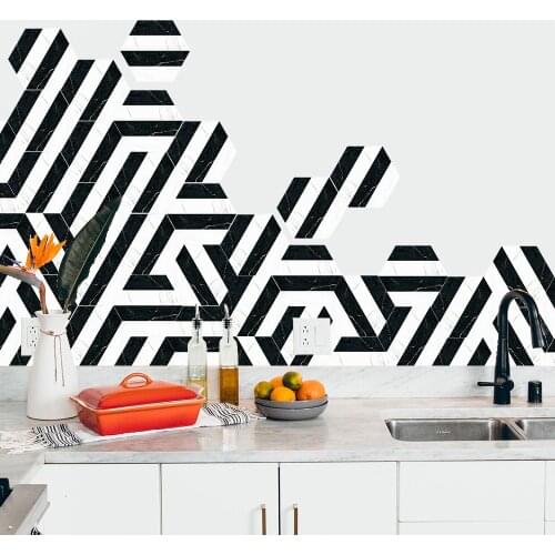 Pop new modern abstract hexagonal floor paste waterproof tile black and white marble line stickers