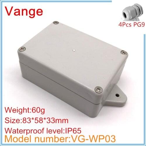 Discount package injection IP65 waterproof ABS plastic diy boxes with 4pcs PG9 waterproof wire gland 83*58*33mm