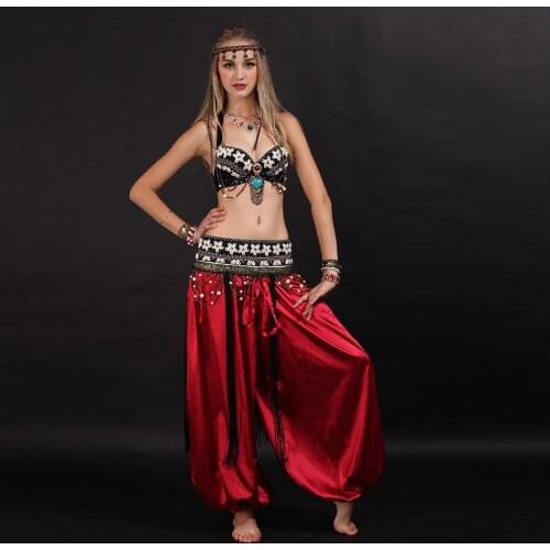Size S-XL Belly Dancing Clothes Tribal 2pcs Set Coins Bra, Tassel Hip Scarf Tribal Belly Dance Costume Set Pants Costume