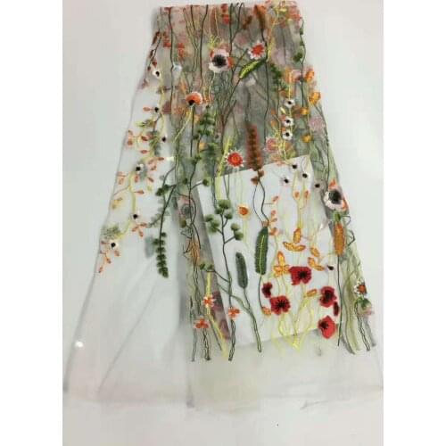 5yards BB814 stock good quality nice colorful floral wild flower embroidery net mesh lace fabric for evening dress/wedding