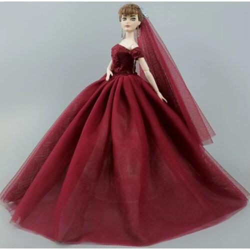 Dark Red Fashion Doll Dress Wedding Dresses for Barbie Doll Outfits Evening Party Gown Long Dress Clothes 1:6 Toys For Children