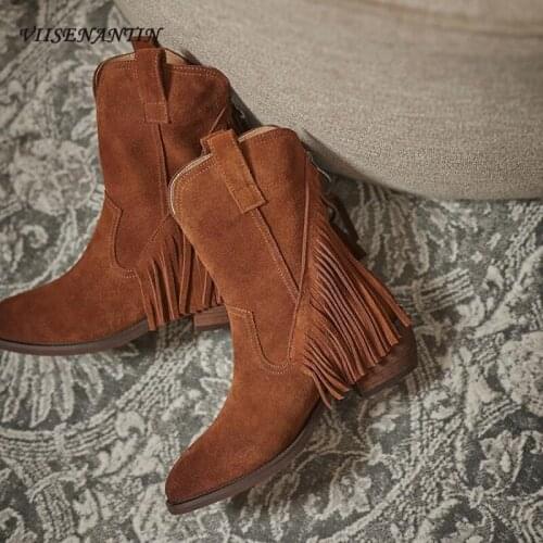 Autumn New Style Cow Suede Color Matching Round Head Square Heel Car Stitching Fashion Womens Boots Mid-tube Boots Tassel Boots