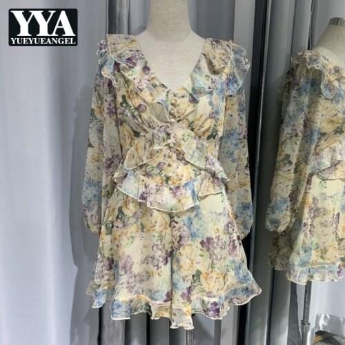 2021 Summer New Womens V-Neck Print Elegant Jumpsuits Office Lady Korean Style Casual Loose Fashion Long Sleeve Playsuit