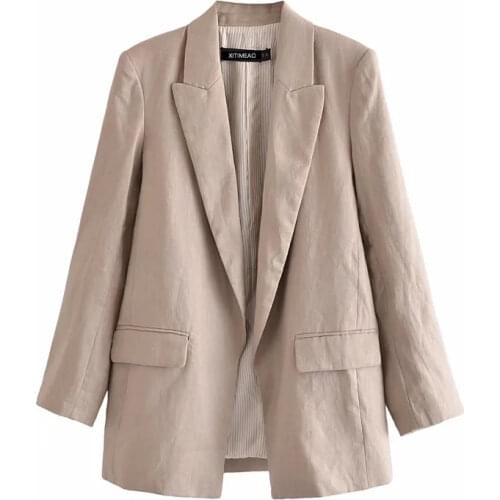 Za Women 2021 Fashion Buttonless Oversized Blazer Thin Coat Vintage Long Sleeve Pockets Loose Female Outerwear Chic Tops