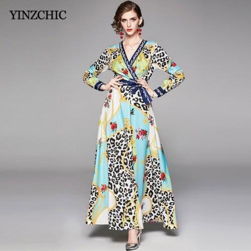 Leopard Printed Woman Maxi Dress V-neck Ladies Slim A-line Party Dresses Sash Waisted Autumn Long Dress for Woman