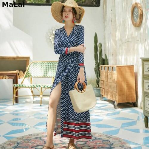 Summer Bohemian Style Long Design Beach Dress Strandjurk Vestido Playa Robe Plage For Holiday Vacation Sexy V-Neck Slit Dresses