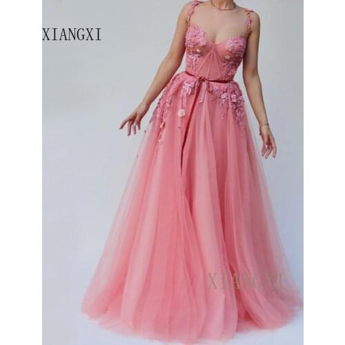 Pink Evening Dresses Long Sheers A-Line Spaghetti Strap 3D Flower Evening Dress 2020 Floor Length Evening Dresses robe de soiree
