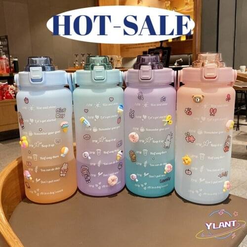 2000ml Large Water Bottle With Time Marker Portable Leakproof BPA Free Non-Toxic Sports Drinking Bottle With Straw Plastic Cup