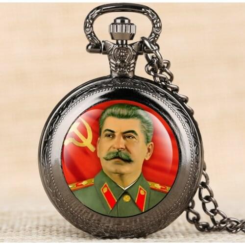 Chic Pattern Stalin Exquisite Pocket Watch Round Digital Quartz Small Dial Black Medium Clock Pendant Slim Chain For Man Women
