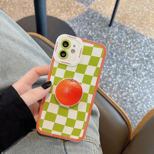 INS Korean Creamy white Green Lattice phone Case For iphone 7 8 Puls X XR XS 11 12 pro Max SE2 Orange Stand holde soft Back Cove