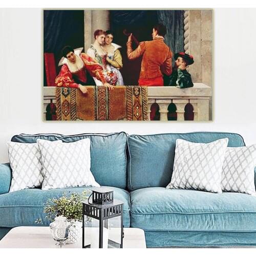 Citon Eugene de Blaas《On the Balcony》Canvas Oil Painting Artwork Poster Picture Wall Hanging Decor Home Living Room Decoration