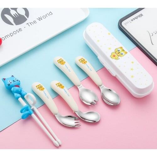 Baby Food Feeding Spoon Fork Cartoon Infant Kids Chopstick Set Stainless Steel Toddler Dinnerware With Box