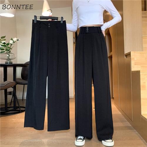 Women Full-length Casual Pants Solid Black Wide Leg Loose Korean Style Designer Trendy Office Lady Daily Temperament Females Hot