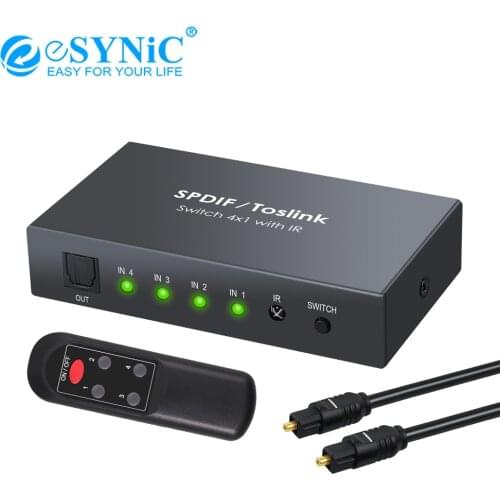ESYNiC 4 Ports Toslink Switcher Digital Optical Audio Switcher 4x1 SPDIF Toslink Switch Box With Remote Control Supports PCM2.0