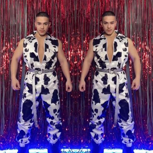 Men Sleeveless Cow Pattern Suit Jumpsuit Workwear Costumes Pants Men Jazz Dance Outfits Nightclub Rave Performance Wear XS1177