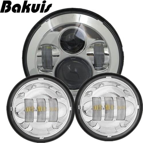 Bakuis Completed Set 7" Round LED Projector moto Headlight & 4-1/2" Passing Lights For Harley Touring (Chrome)