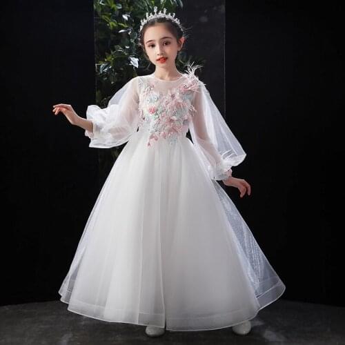 Flower Girl Dress Illusion Appliques Embroidery Pearls Luxury O-Neck Princess Floor-Length Tulle Lace Full Kids Party Gown H260