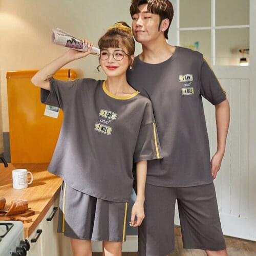 Summer Short Sleeve Sleepwear Simple Gray Cotton Couple Pajamas Set Funny Cartoon Letter Printing O-Neck Men & Women Nightwear