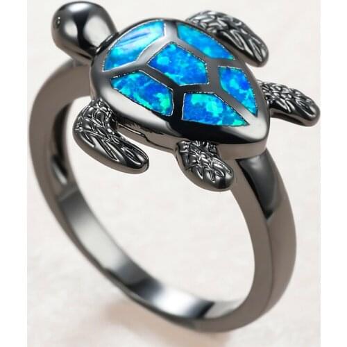Cute Female Blue Opal Stone Ring Charm 14KT Black Gold Wedding Rings For Women Luxury Sea Turtle Thin Engagement Ring