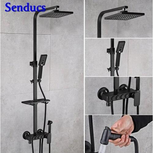 Senducs Black Bathroom Shower Set with High Quality Brass Suqare Bath Shower System Hot Sale Hot Cold Black Shower Set