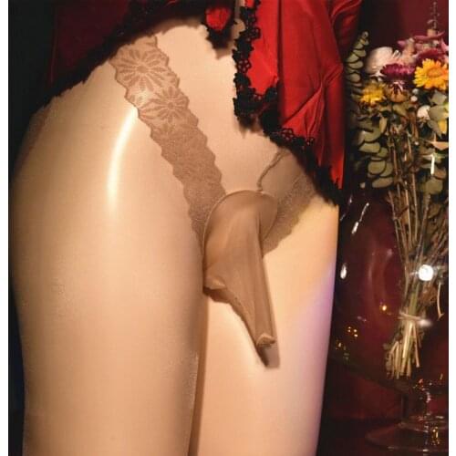 New Male sexy Lace Penis Pouch Pantyhose Black silky One-line crotch 3D Transparent Opened Penis Sleeve Stockings