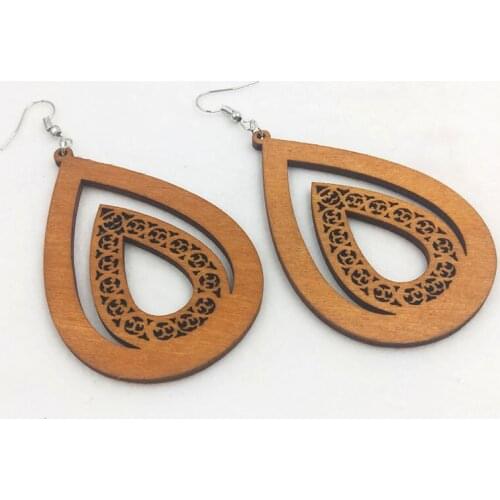 12 Pairs Good Quality Wood Earrings Organic brown Hollow African Woman Wooden Brincos Pendant 4.7*7cm