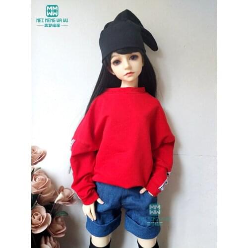 Fits 1/3 60cm BJD SD doll clothes red casual sweatshirt and denim shorts