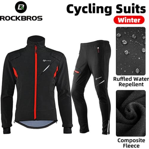 ROCKBROS Cycling Clothing Set Winter Thermal Fleece Pants Rainproof Windproof Reflective Cycling Jersey Set Men Women Sportswear