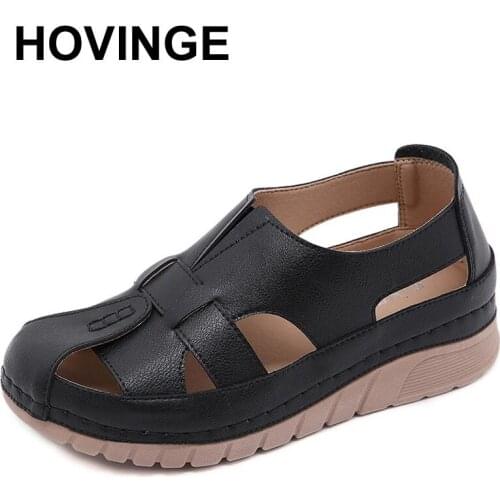 HOVINGESummer breathable soft bottom womens sandals new flat bottom hollow autumn shoes retro style lightweight mid heel women