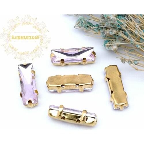 5*10mm 5*15mm 20pcs Pink Rectangular Crystal Glass Sewing Rhinestones with gold Claw Diy wedding Dress and Bags