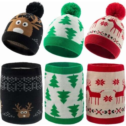 Christmas Deer Knitted Baby Hat Circle Scarf Set Winter Warm Beanie Caps for Boys Girls Infant Toddler Bonnet Kids Accessories