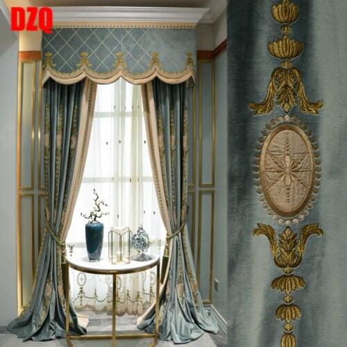 Custom curtains European living room high-grade embroidery Dutch velvet blue cloth blackout curtain tulle valance drape B407