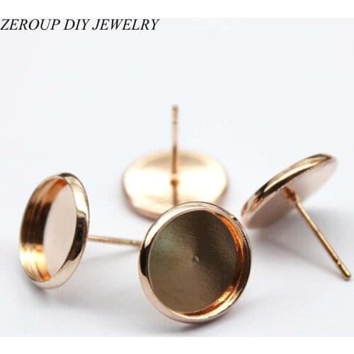 ZEROUP 12mm Stud Earring Round Rose Gold Plated Glass Cabochon Base Earring Setting Supplies for Jewelry 20pcs/lot