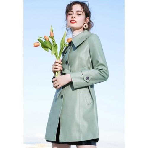 Womens clothing autumn 2021 new mustard green Lapel lace up leather medium length leather coat