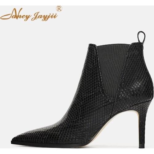 Women Adult Lady Chelsea Boots Black Solid Ankle Pointed Toe Super High Thin heels Animal Prints Snakelike Nancyjayjii 2019