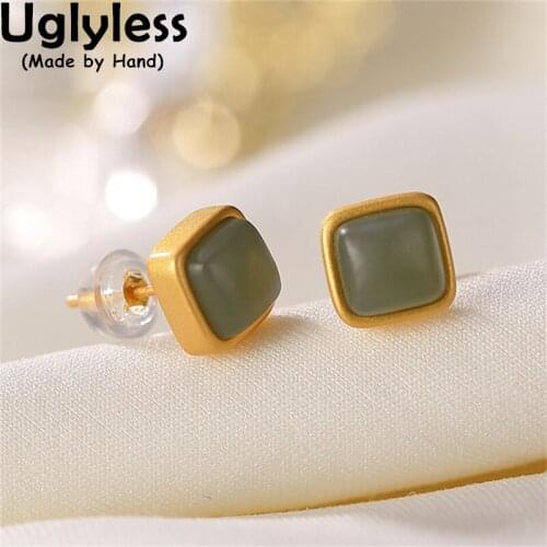 Uglyless MINI Size Pretty Geometric Like a Nest Stud Earrings for Women Nature White Jade Studs Real Solid 925 Silver Fine Jewel