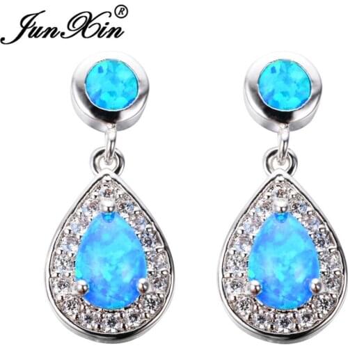 JUNXIN Blue White Fire Opal Earring Female Water Drop Earrings Silver Color 2017 New Fashion Earrings For Women