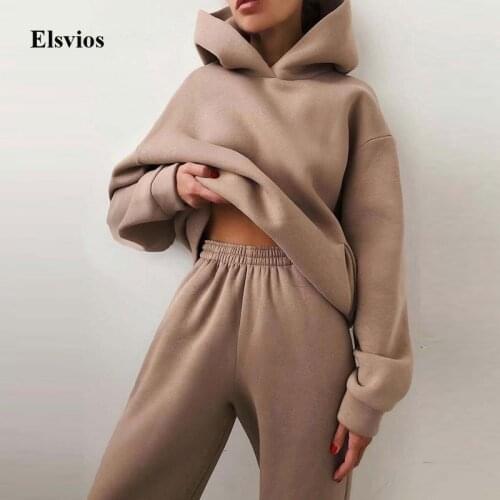Autumn Winter 2 Piece Set Women Elegant Hooded Sweatshirt Top Outfit Sportswear Casual Elastic Waist Pants Tracksuit Sweat Suits