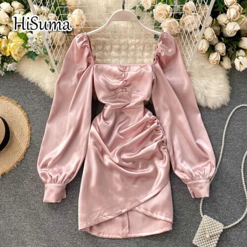 2021 spring new womens square collar puff sleeve satin sheath party dress female Chic elegant slim tight buttocks dresses