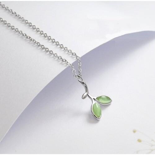 925 Sterling Silver Adjustable Chain Opal Green Leaf Charm Necklace For Women Pendant Elegant Wedding Jewelry eh265