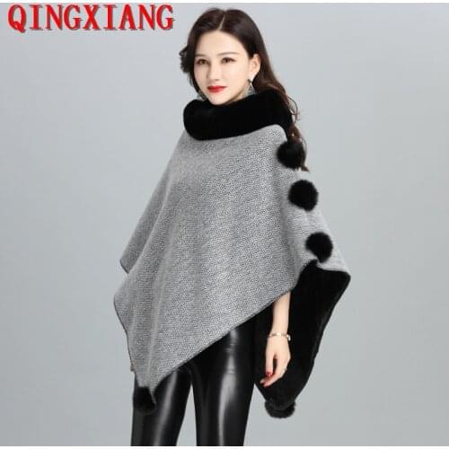 Plus Velvet Warm Fur Ball Pullover 2021 Winter Faux Rabbit Fur O Neck Out Street Wear Women Capes Solid Triangle Loose Poncho